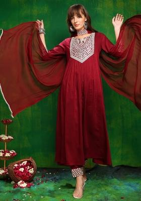 Maroon Embroidery Rayon Kurta Set