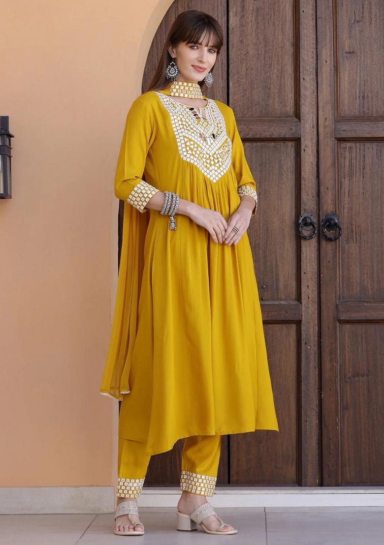 Mustard Embroidery Rayon Kurta Set - Indya