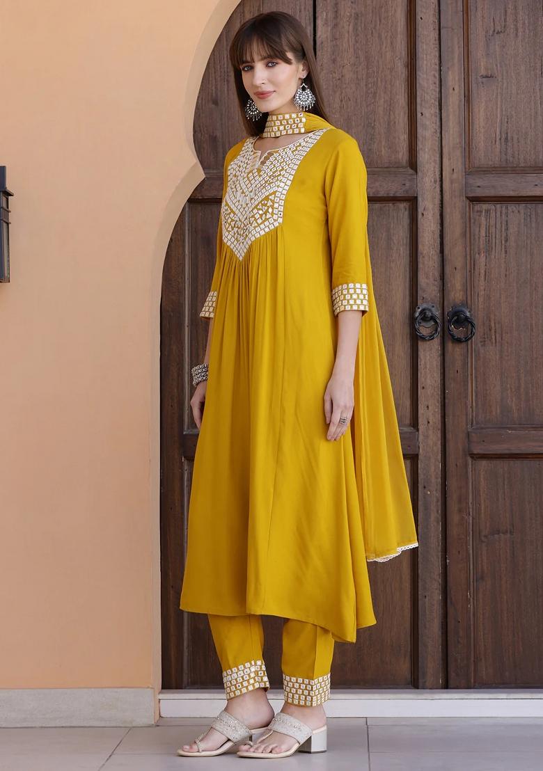Mustard Embroidery Rayon Kurta Set - Indya