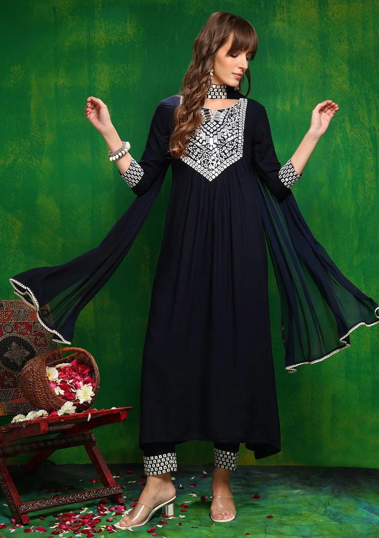 Navy Blue Embroidery Rayon Kurta Set - Indya