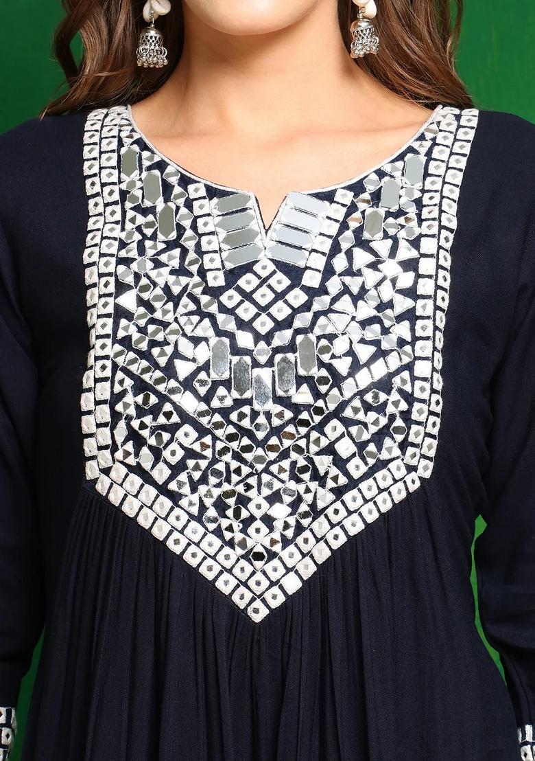 Navy Blue Embroidery Rayon Kurta Set - Indya