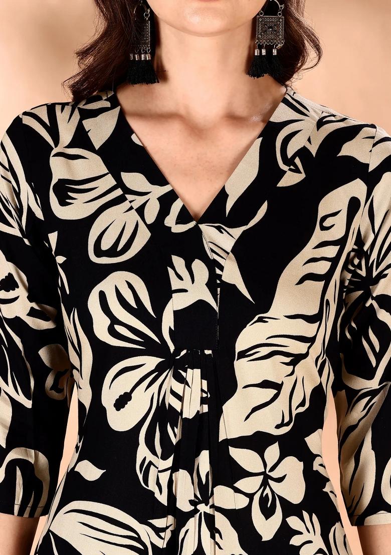 Black Embroidery Rayon Kurta Set - Indya