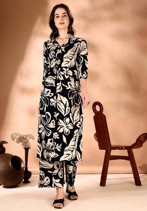 Black Embroidery Rayon Kurta Set