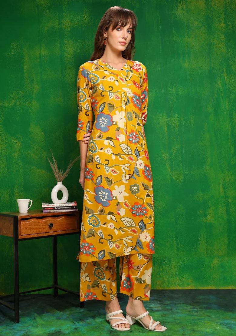 Yellow Embroidery Rayon Kurta Set - Indya