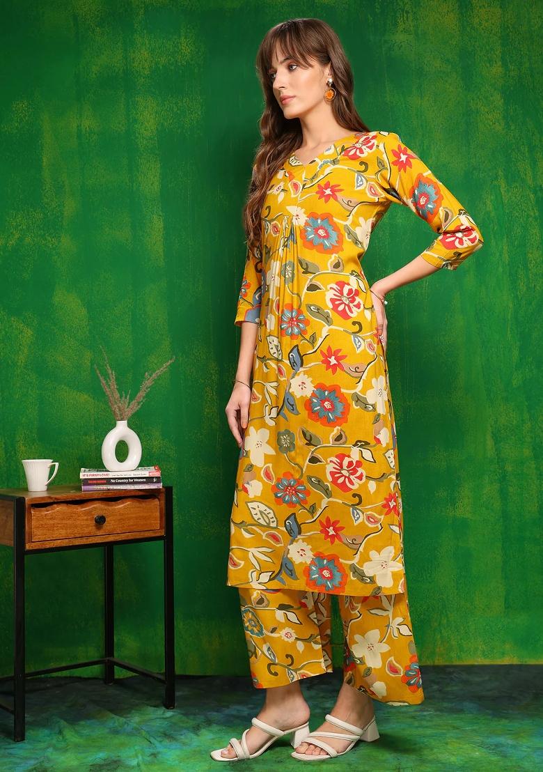 Yellow Embroidery Rayon Kurta Set - Indya