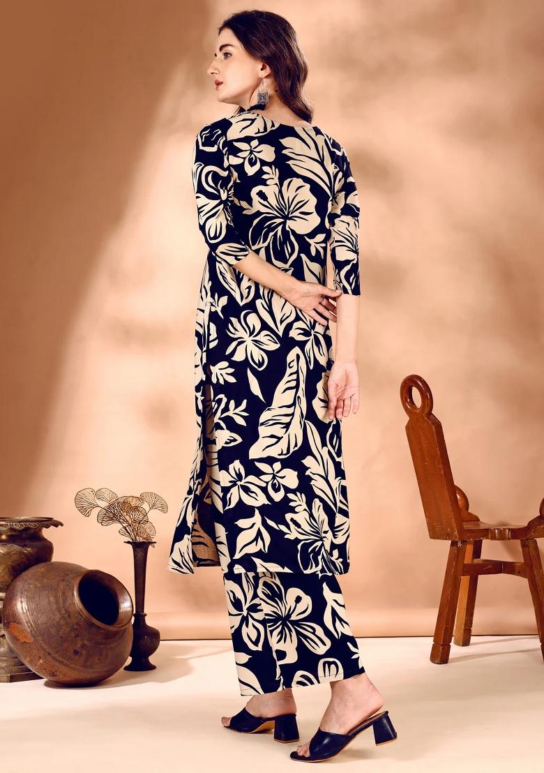 Navy Blue Embroidery Rayon Kurta Set - Indya