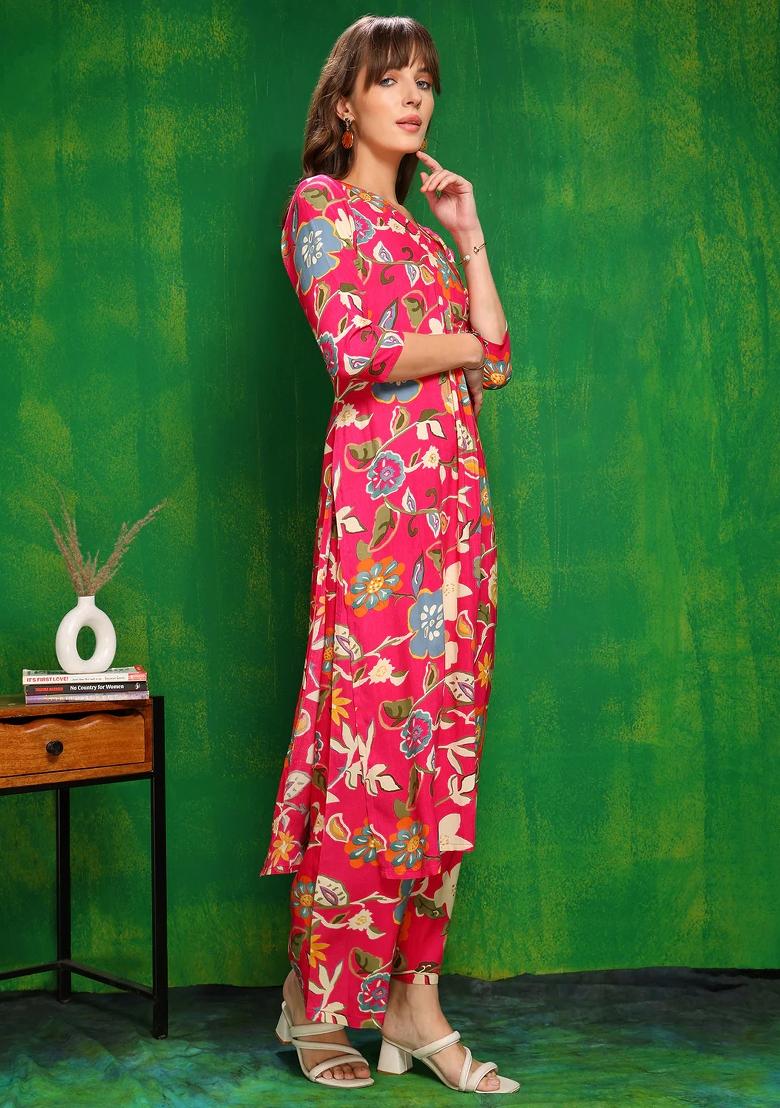 Rani Pink Embroidery Rayon Kurta Set - Indya