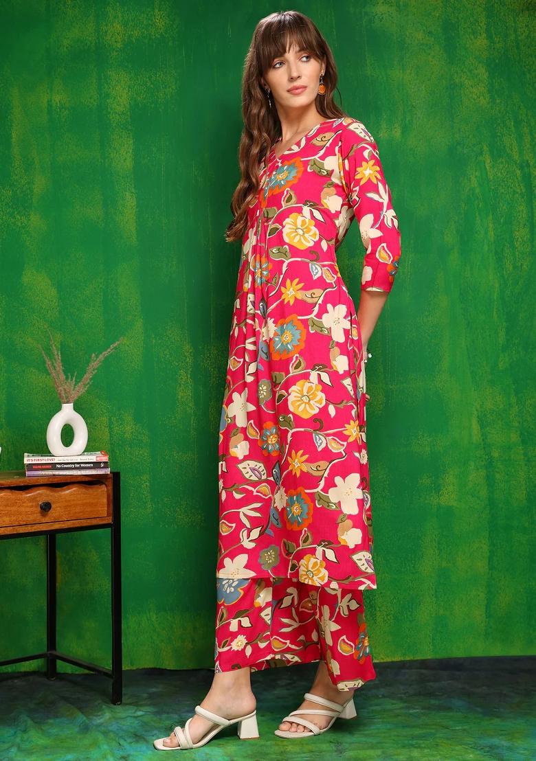 Rani Pink Embroidery Rayon Kurta Set - Indya
