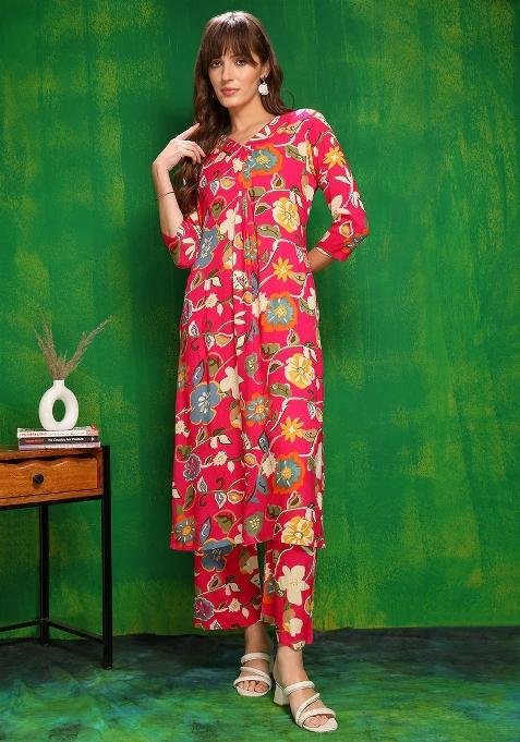 Rani Pink Embroidery Rayon Kurta Set