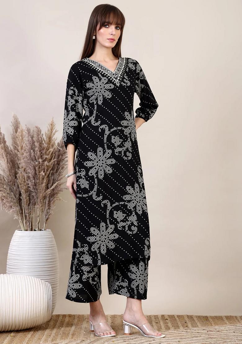 Black Embroidery Rayon Kurta Set - Indya