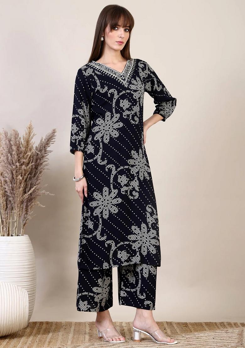 Navy Blue Embroidery Rayon Kurta Set - Indya