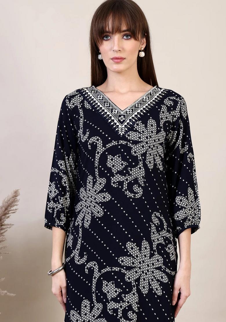 Navy Blue Embroidery Rayon Kurta Set - Indya