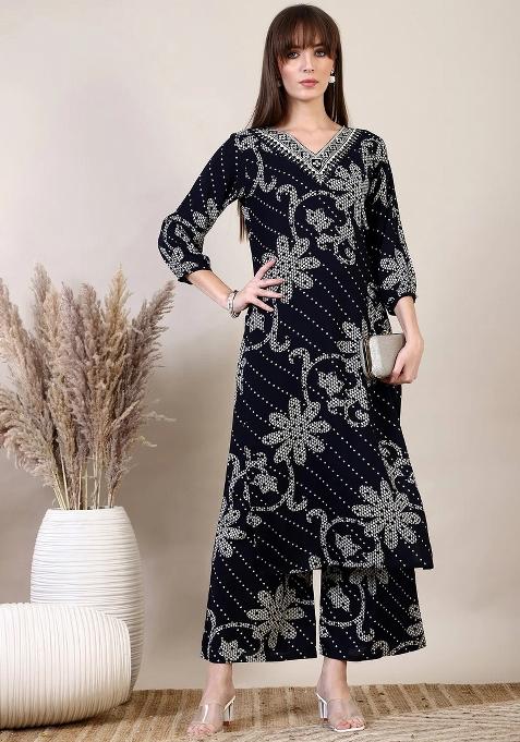 Navy Blue Embroidery Rayon Kurta Set