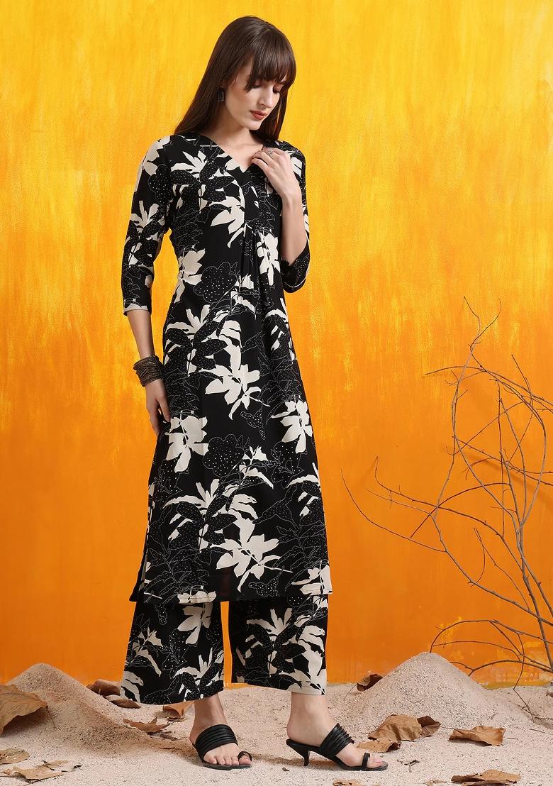 Black Embroidery Rayon Kurta Set - Indya