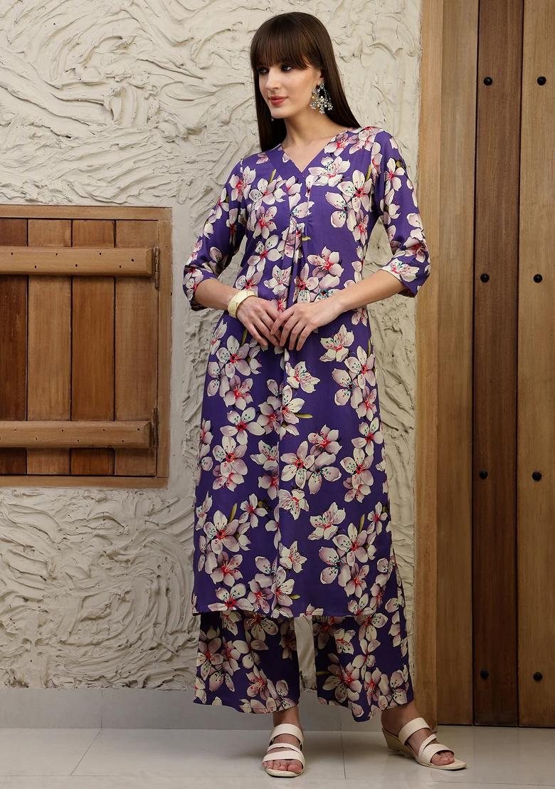 Purple Embroidery Rayon Kurta Set - Indya