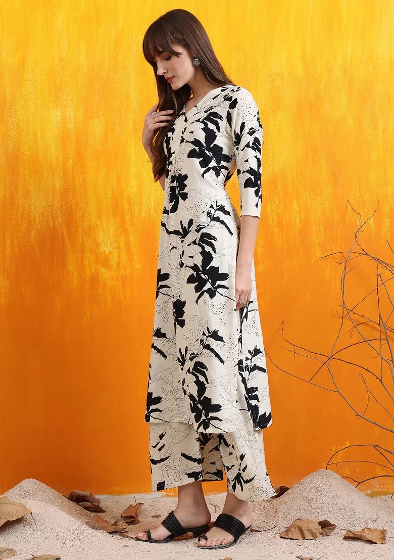 White Embroidery Rayon Kurta Set - Indya