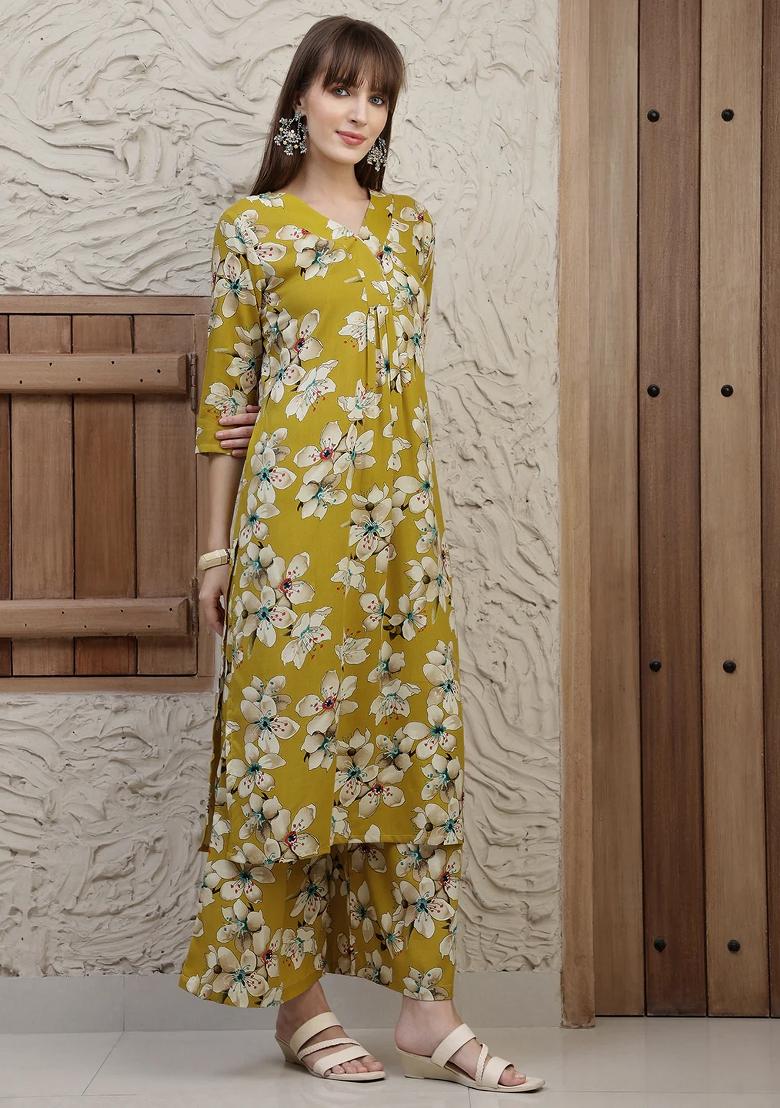 Mustard Embroidery Rayon Kurta Set - Indya