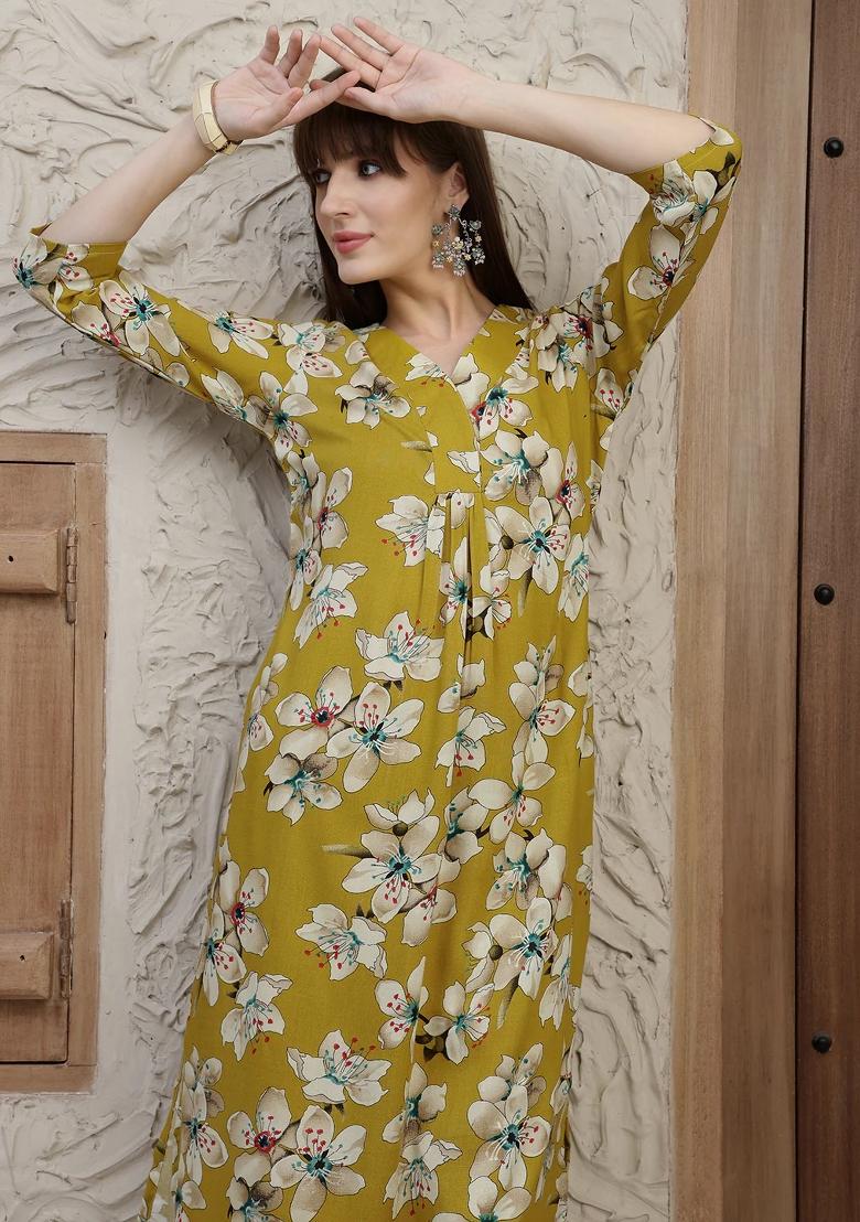 Mustard Embroidery Rayon Kurta Set - Indya