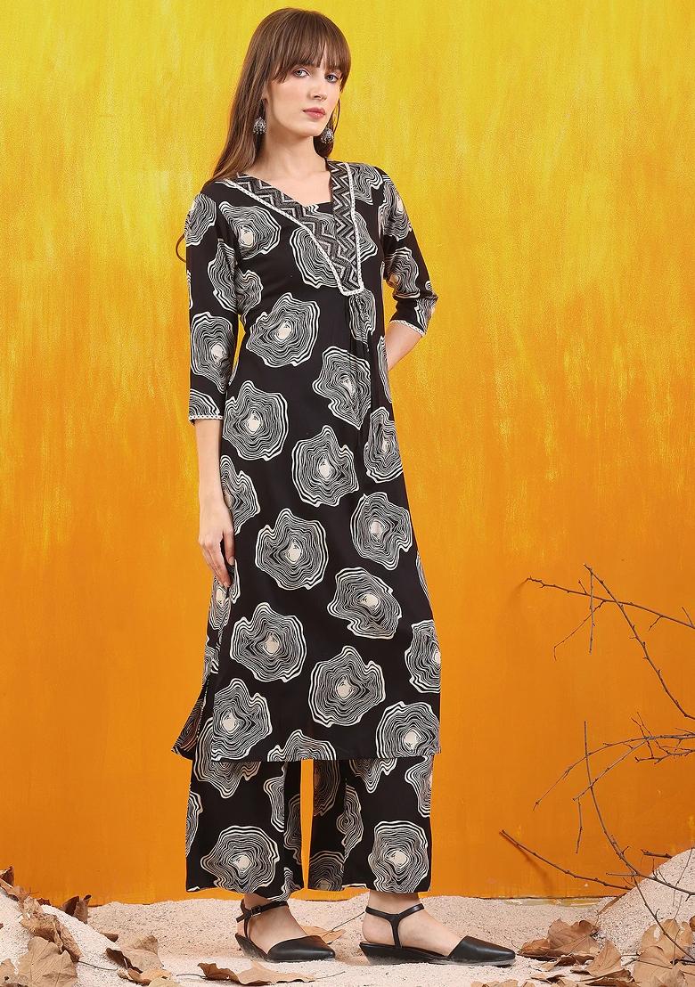 Black Embroidery Rayon Kurta Set - Indya