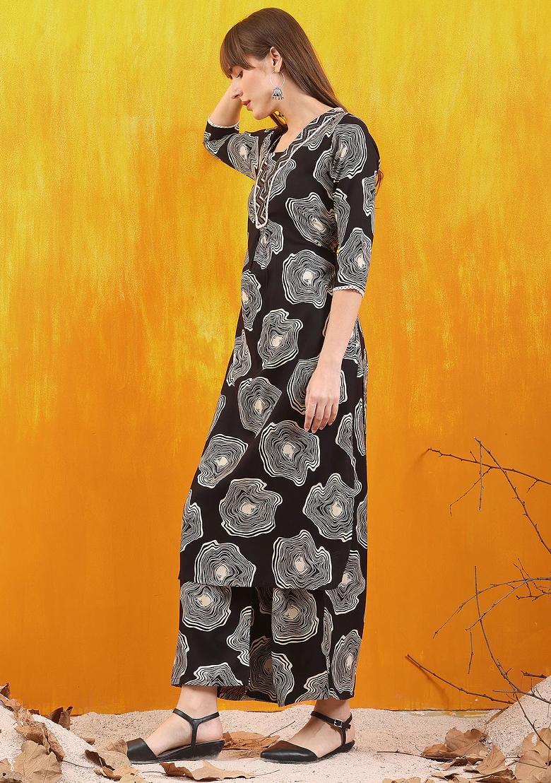 Black Embroidery Rayon Kurta Set - Indya