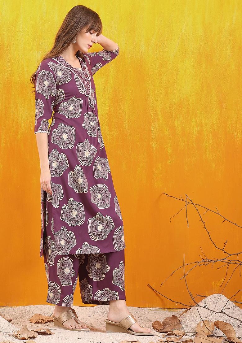 Lavender Embroidery Rayon Kurta Set - Indya