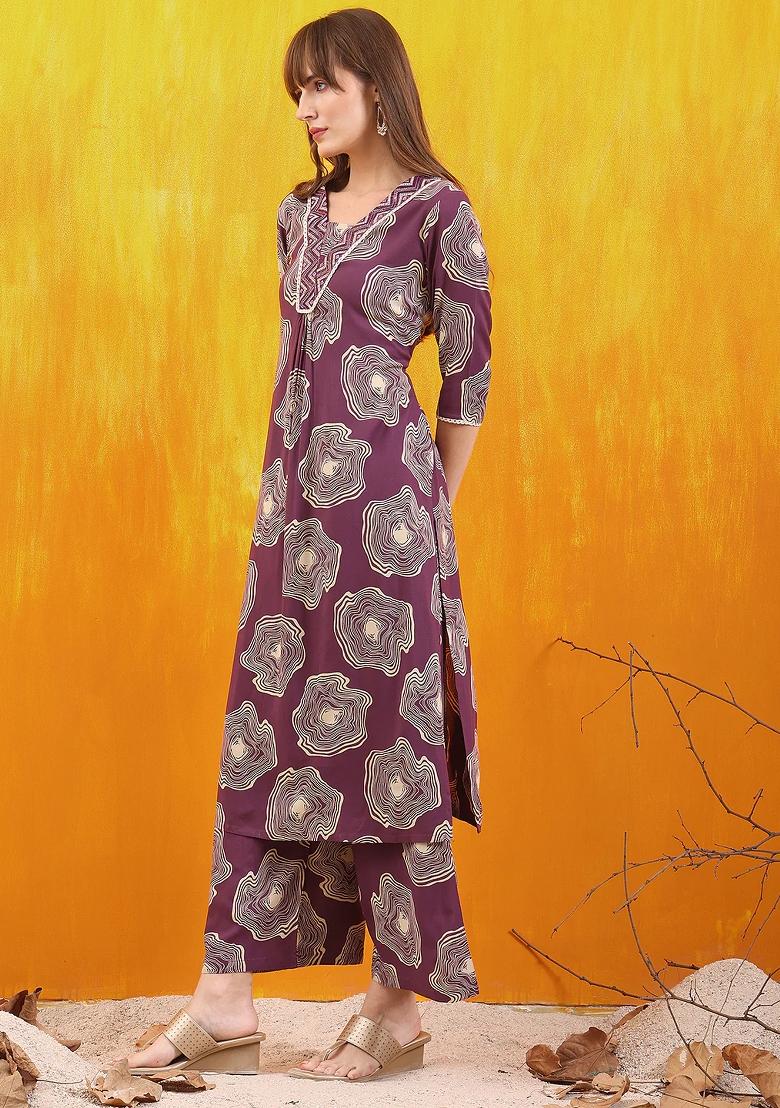 Lavender Embroidery Rayon Kurta Set - Indya