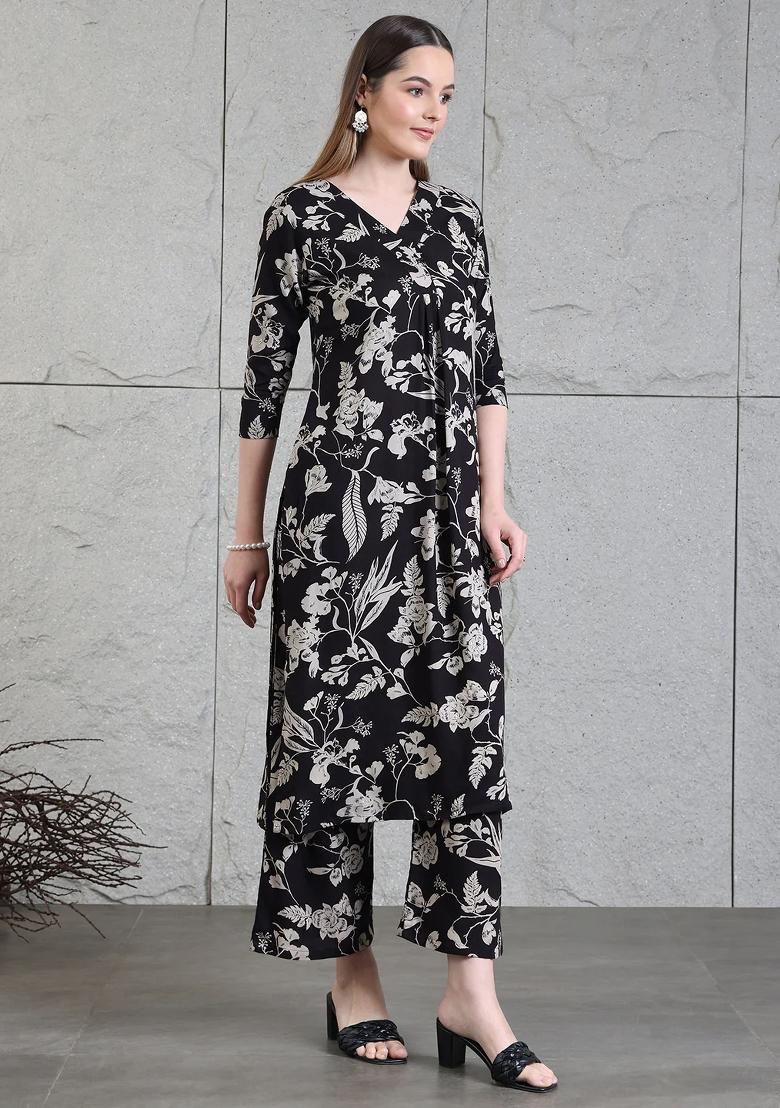 Black Embroidery Rayon Kurta Set - Indya