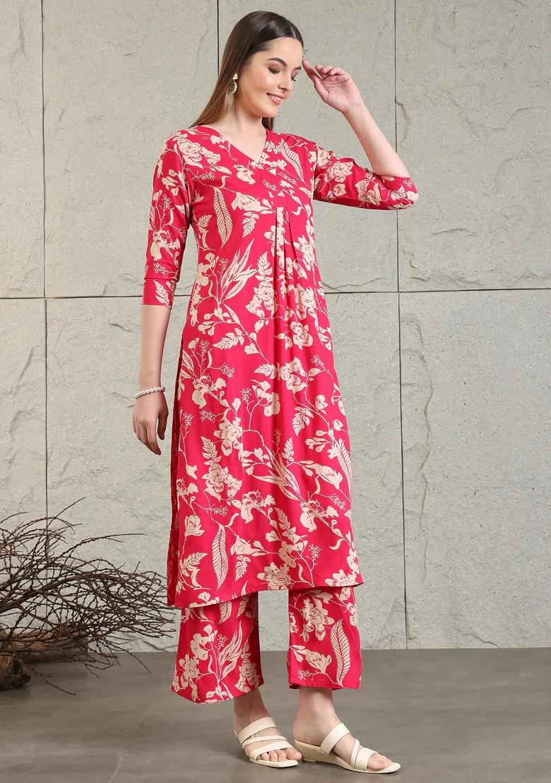 Pink Embroidery Rayon Kurta Set - Indya