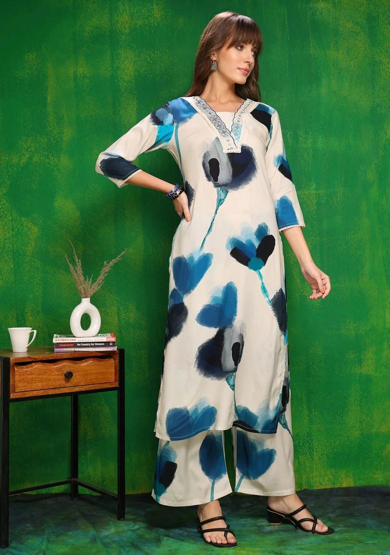 White Embroidery Rayon Kurta Set - Indya