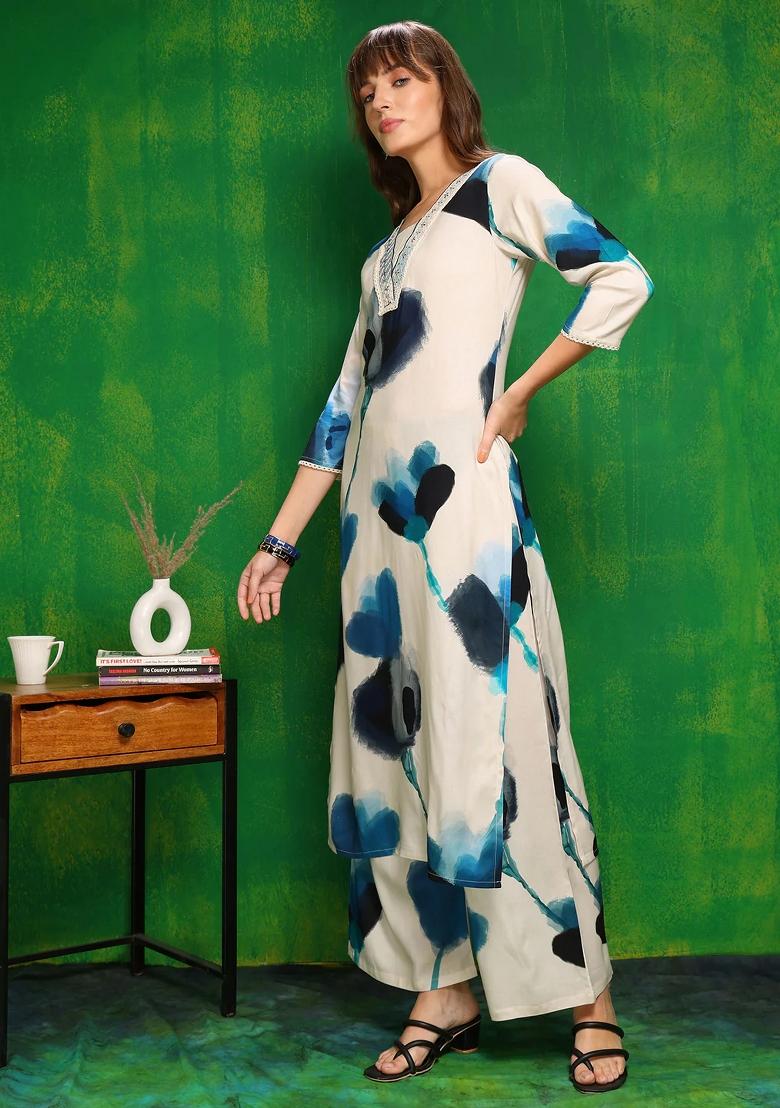 White Embroidery Rayon Kurta Set - Indya