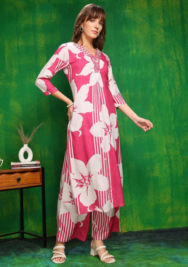 Pink Embroidery Rayon Kurta Set - Indya