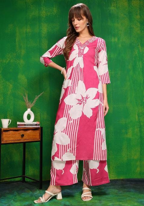 Pink Embroidery Rayon Kurta Set