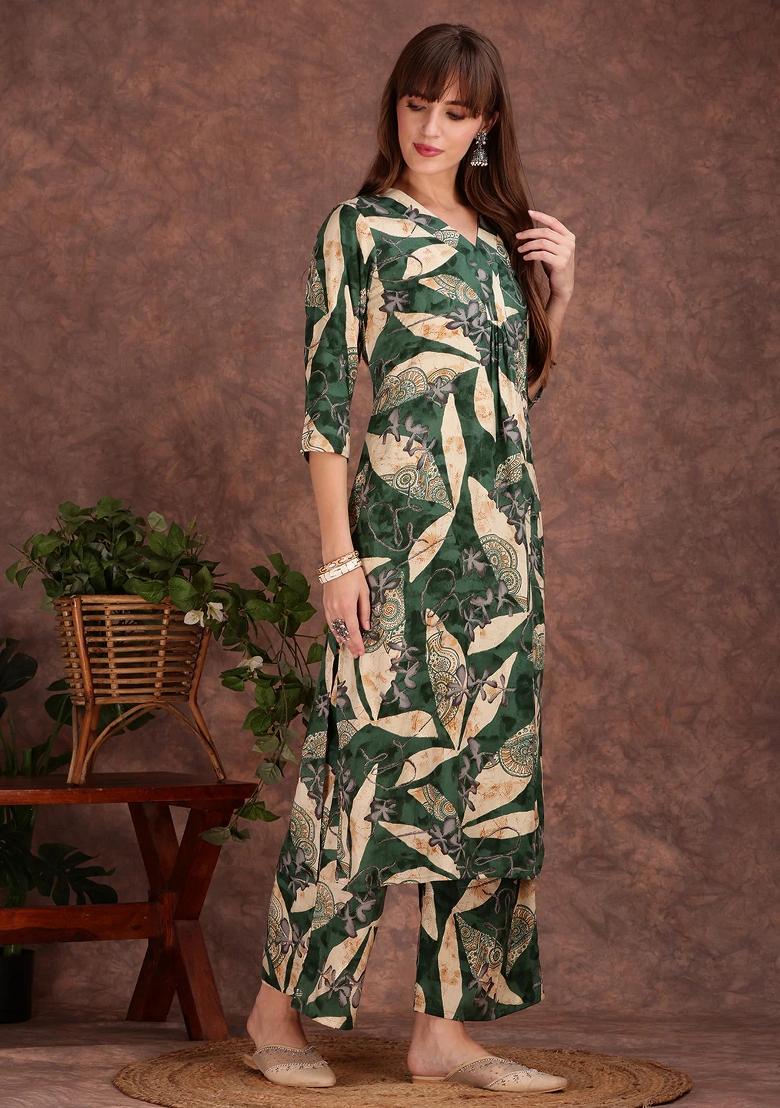 Green Embroidery Rayon Kurta Set - Indya