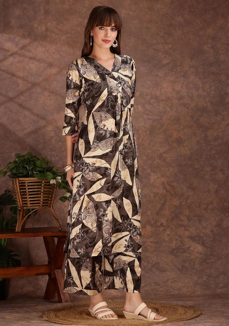 Grey Embroidery Rayon Kurta Set - Indya