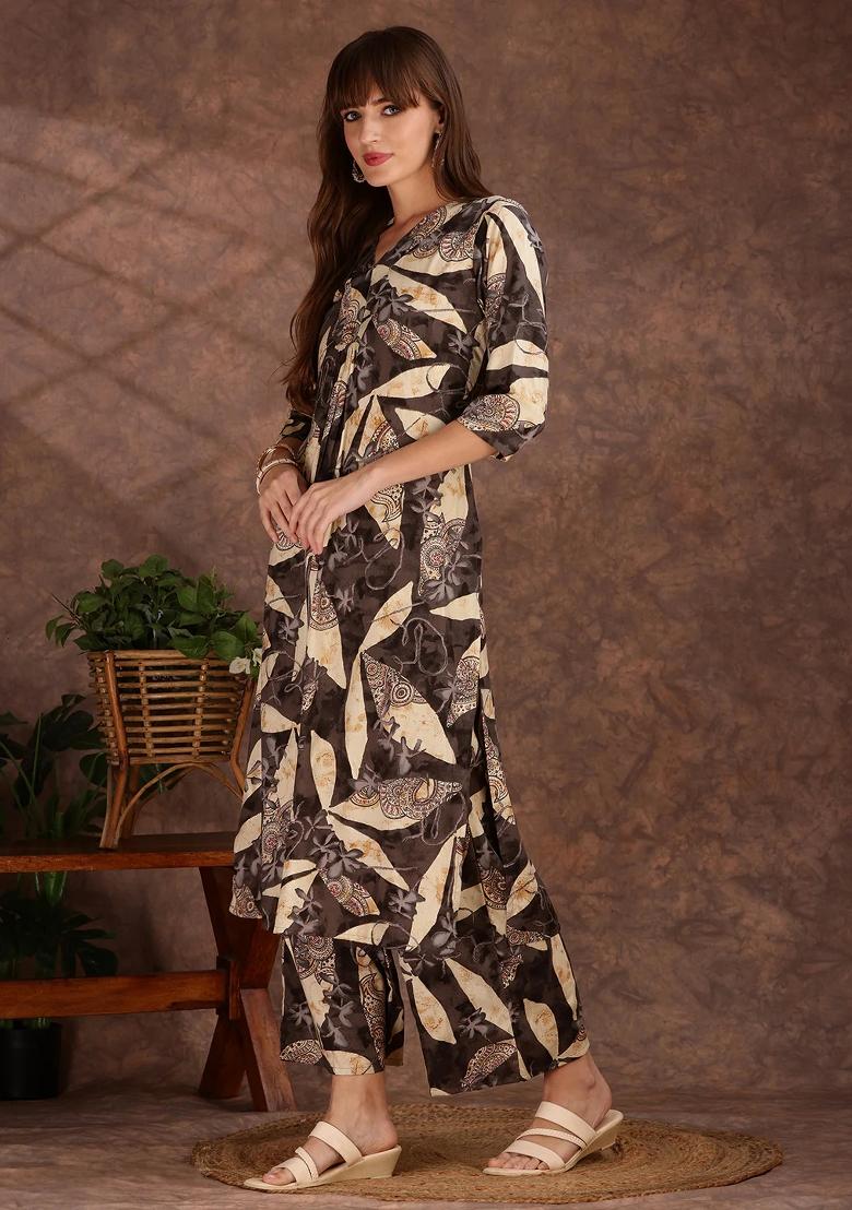 Grey Embroidery Rayon Kurta Set - Indya