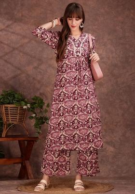 Wine Embroidery Rayon Kurta Set