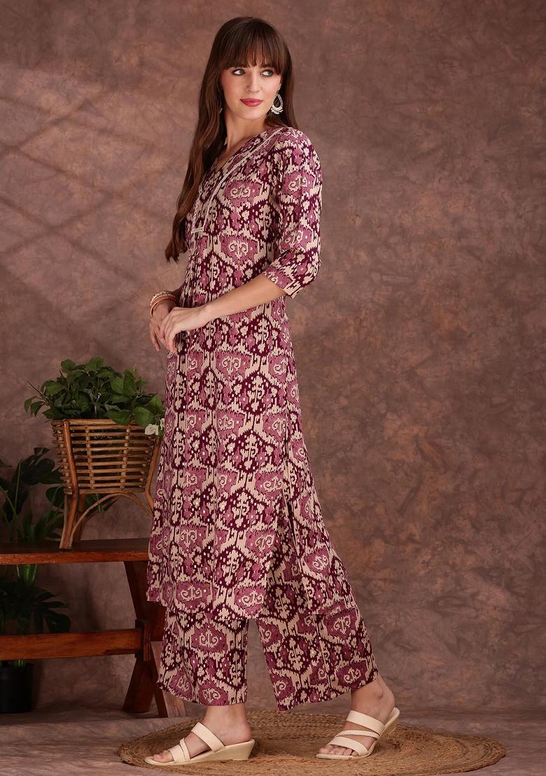 Wine Embroidery Rayon Kurta Set - Indya