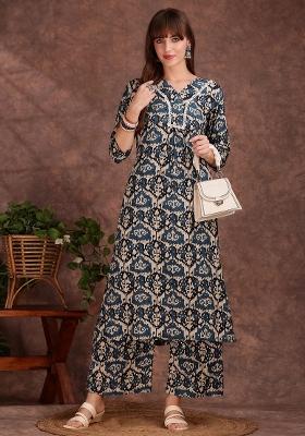 Teal Blue Embroidery Rayon Kurta Set