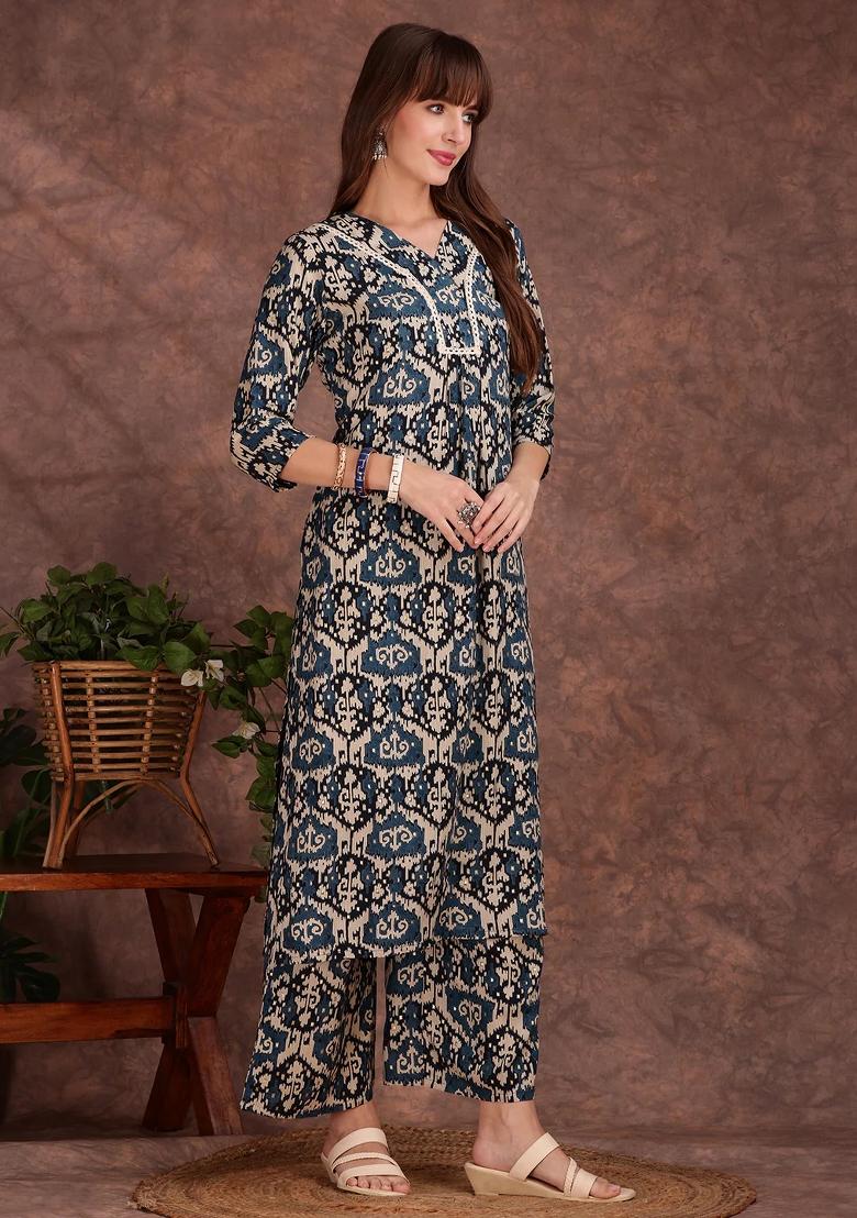 Teal Blue Embroidery Rayon Kurta Set - Indya