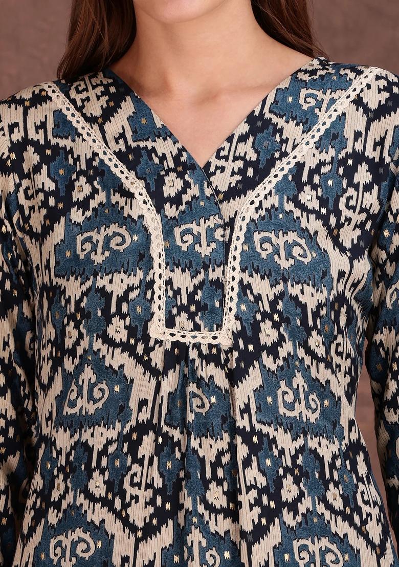 Teal Blue Embroidery Rayon Kurta Set - Indya