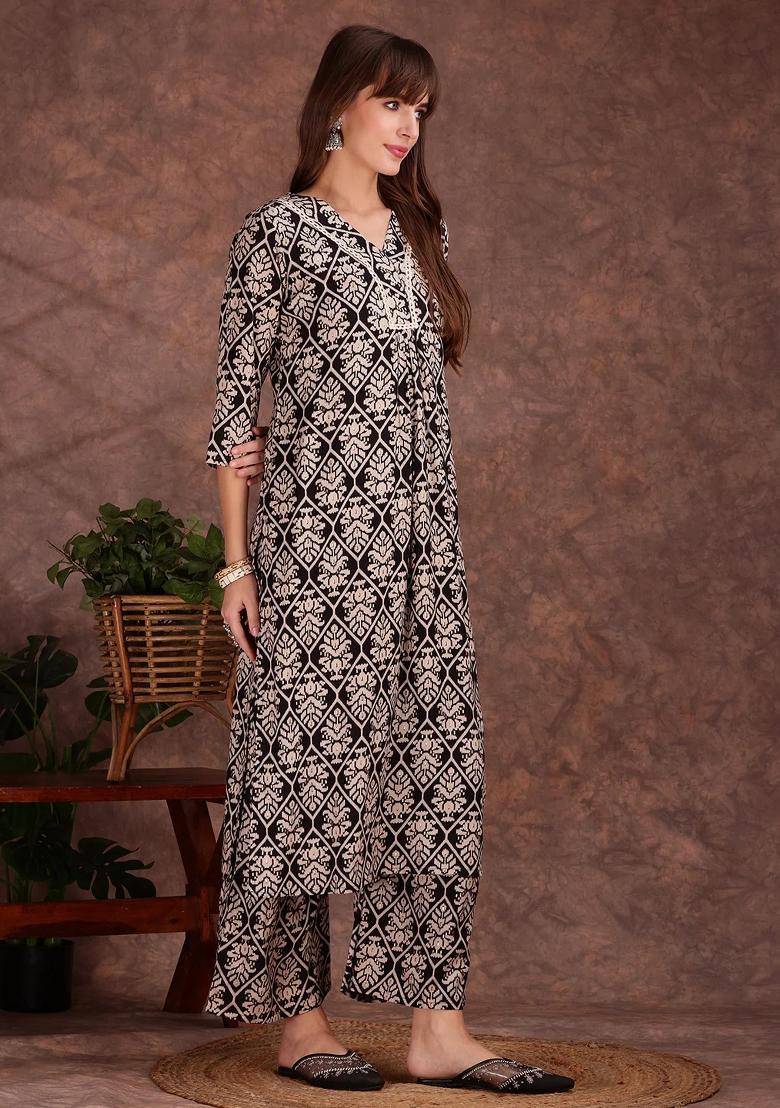 Black Embroidery Rayon Kurta Set - Indya