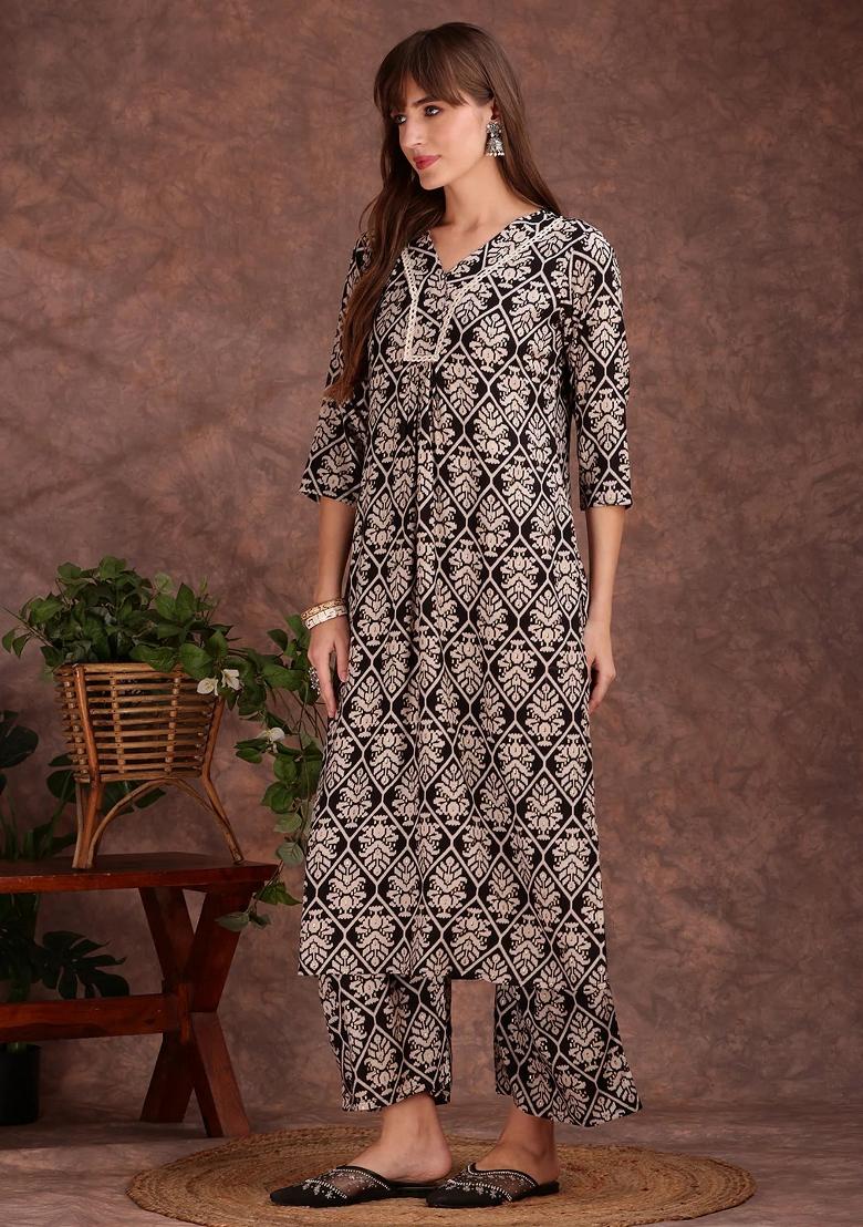 Black Embroidery Rayon Kurta Set - Indya