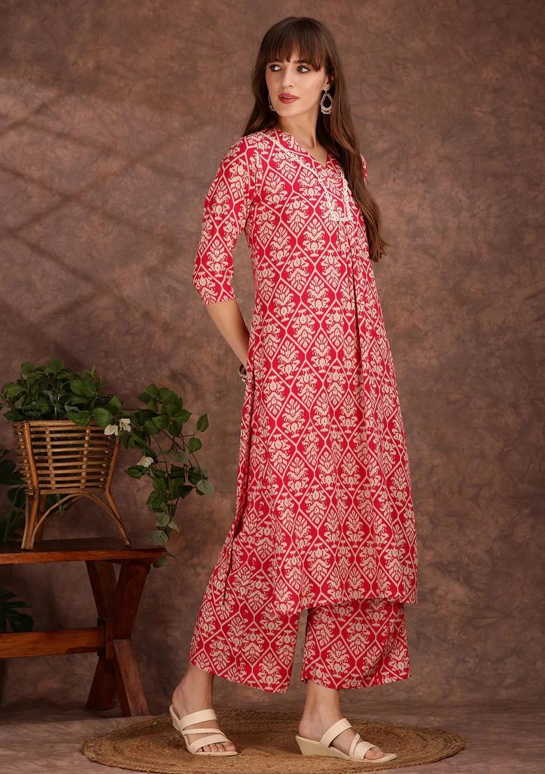 Pink Embroidery Rayon Kurta Set - Indya