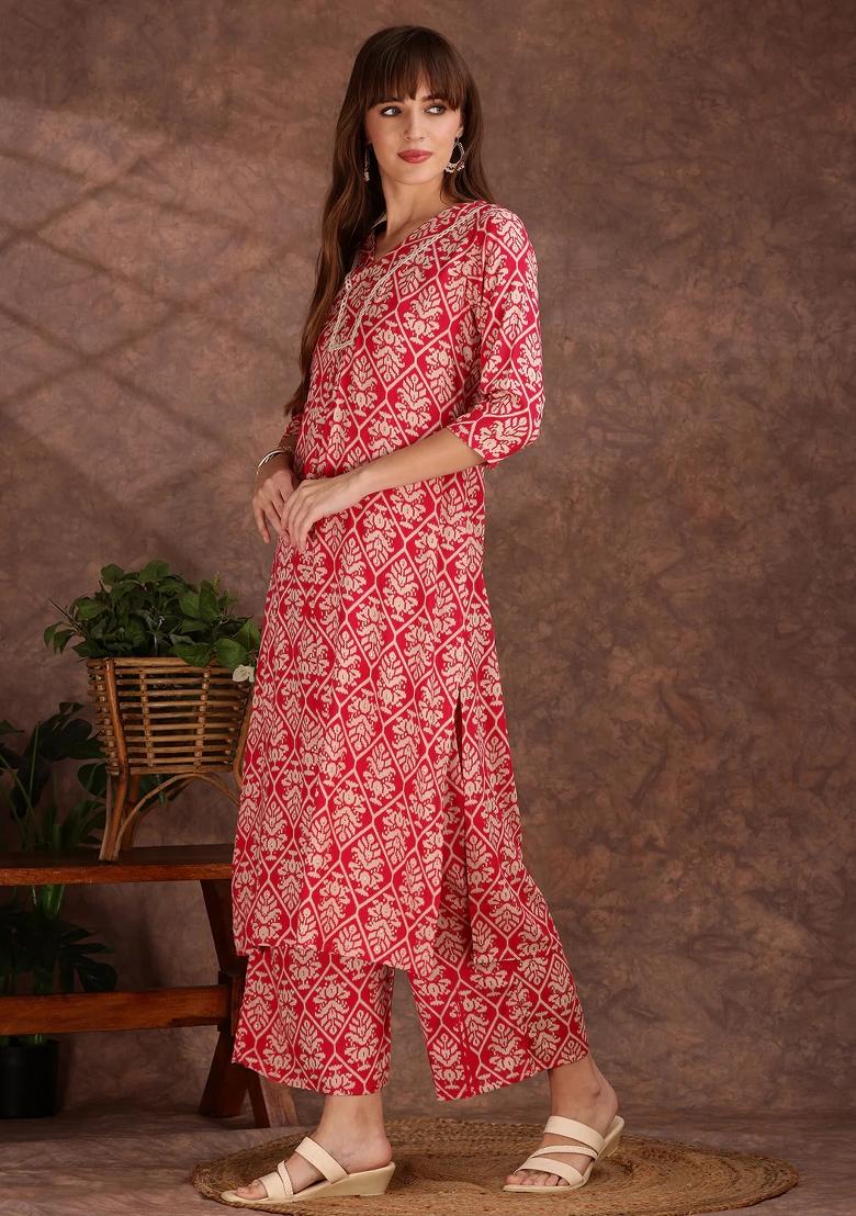 Pink Embroidery Rayon Kurta Set - Indya