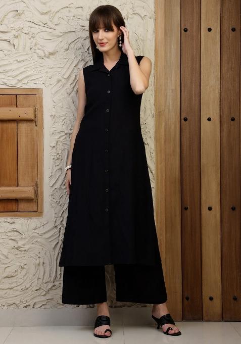 Black Embroidery Silk Kurta Set