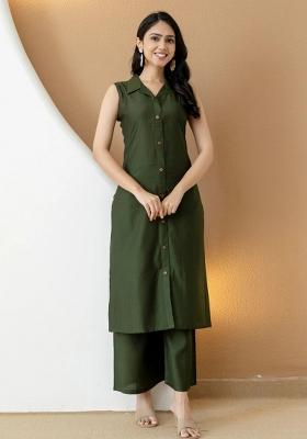 Bottle Green Embroidery Silk Kurta Set