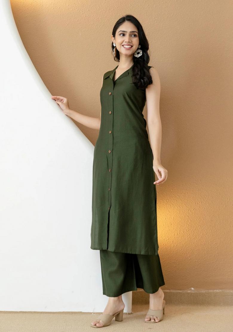 Bottle Green Embroidery Silk Kurta Set - Indya