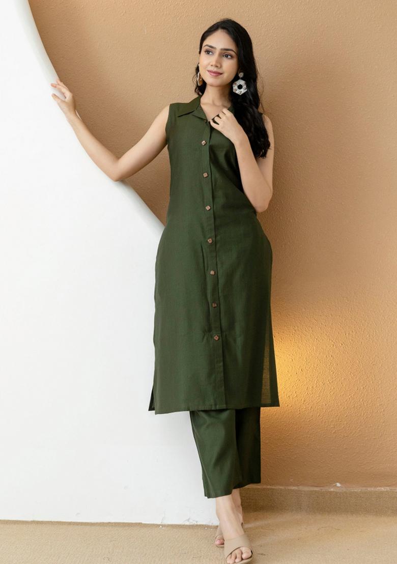 Bottle Green Embroidery Silk Kurta Set - Indya