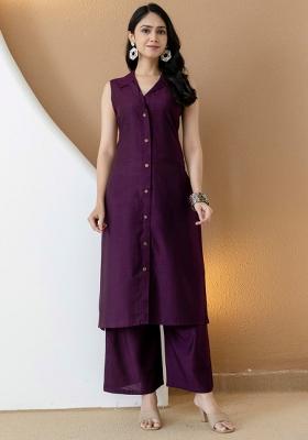 Purple Embroidery Silk Kurta Set