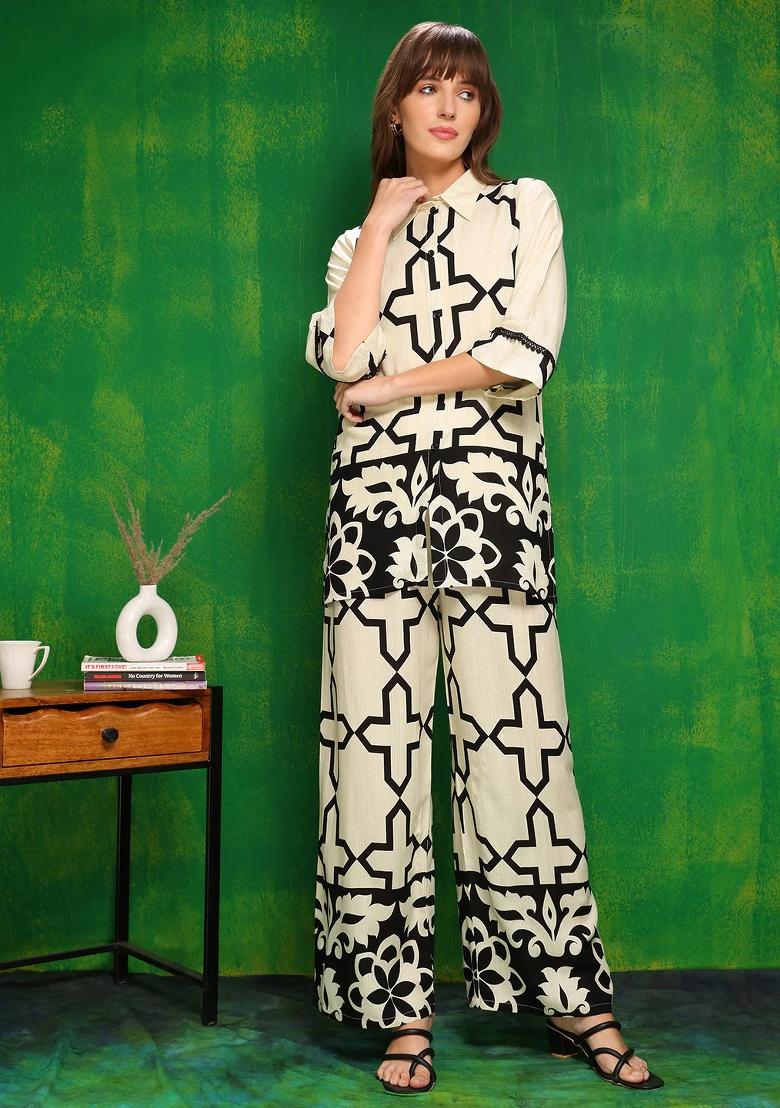 Cream Embroidery Rayon Kurta Set - Indya